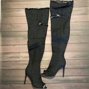 Denim Thigh high heel boots